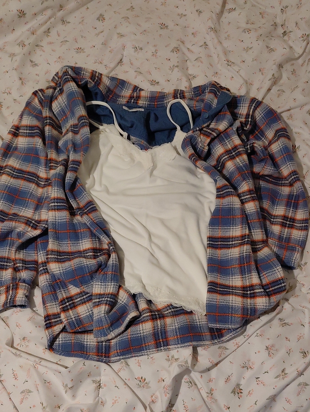 American Eagle Outfitters Blue Plaid Button Shirt with White Lace Cami